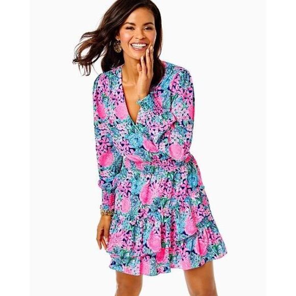 Lilly Pulitzer Cristiana Stretch Dress Oyster Bay Navy Always Be Blooming 14